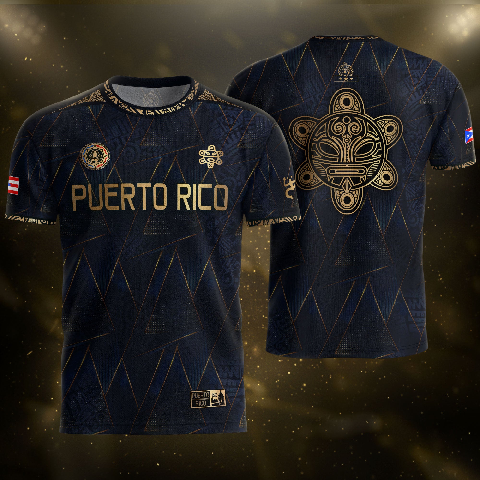 Puerto Rico Soccer Jersey Navy Gold - Geometric Taino Sun Design - Bor