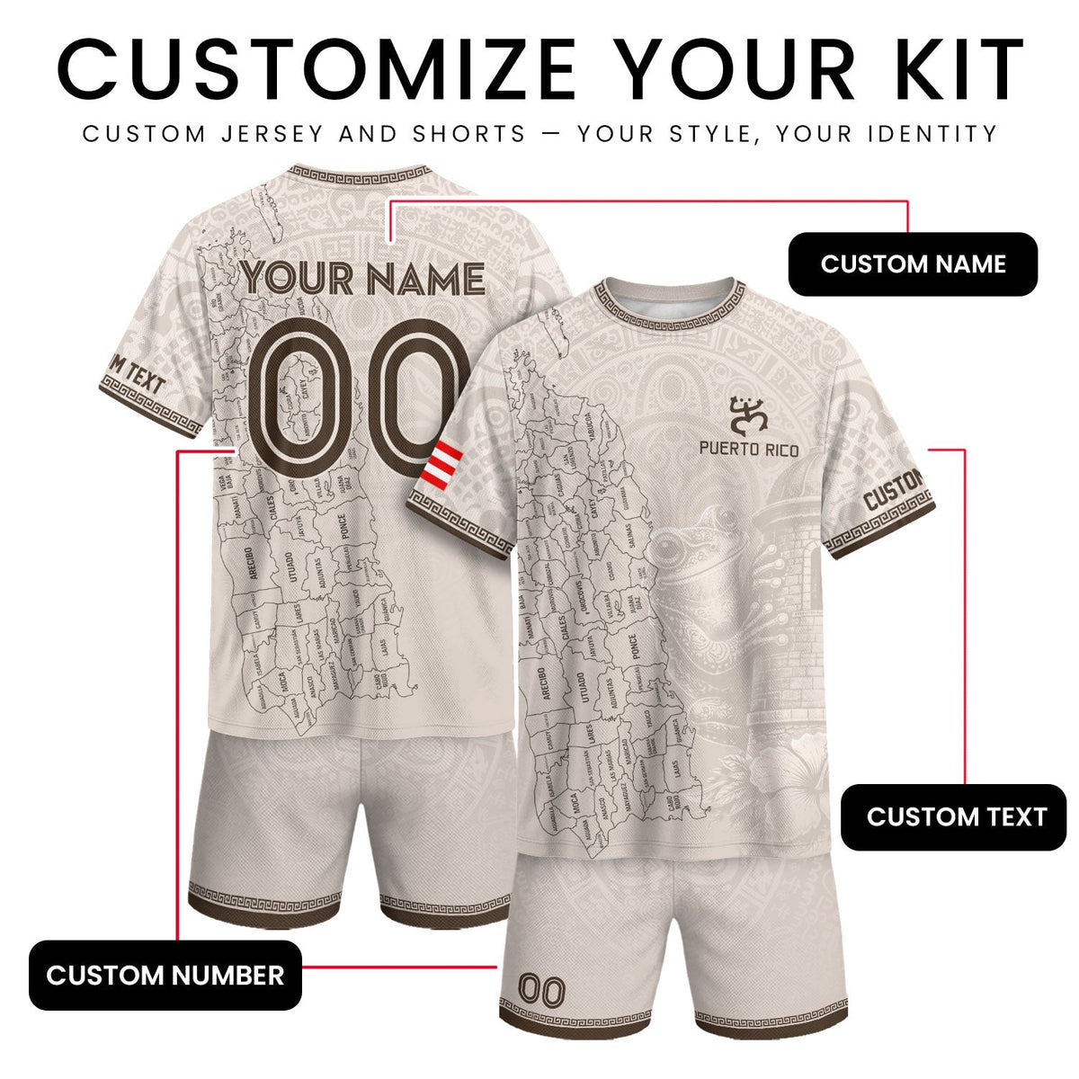 Sophisticated Beige Coqui Map, Custom Puerto Rico Soccer Jersey for Men and Women, Personalized Football Jersey as a Puerto Rico Shirt, Northryn Co.