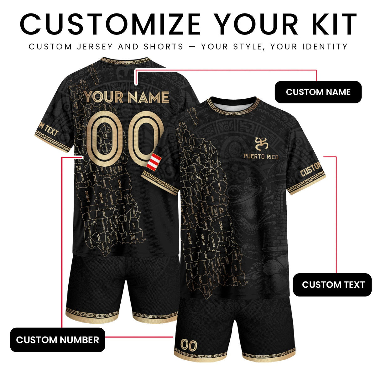 Custom Puerto Rico Soccer Jersey, Black Gold Towns Map Coqui Frog, Puerto Rico Shirt for Men and Women as a Personalized Football Jersey, Northryn Co.