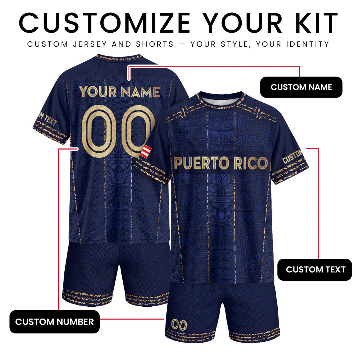 Heritage Navy-Gold Taino Symbols, Custom Puerto Rico Soccer Jersey for Men and Women, Puerto Rico Shirt, Personalized Football Jersey, Northryn Co.