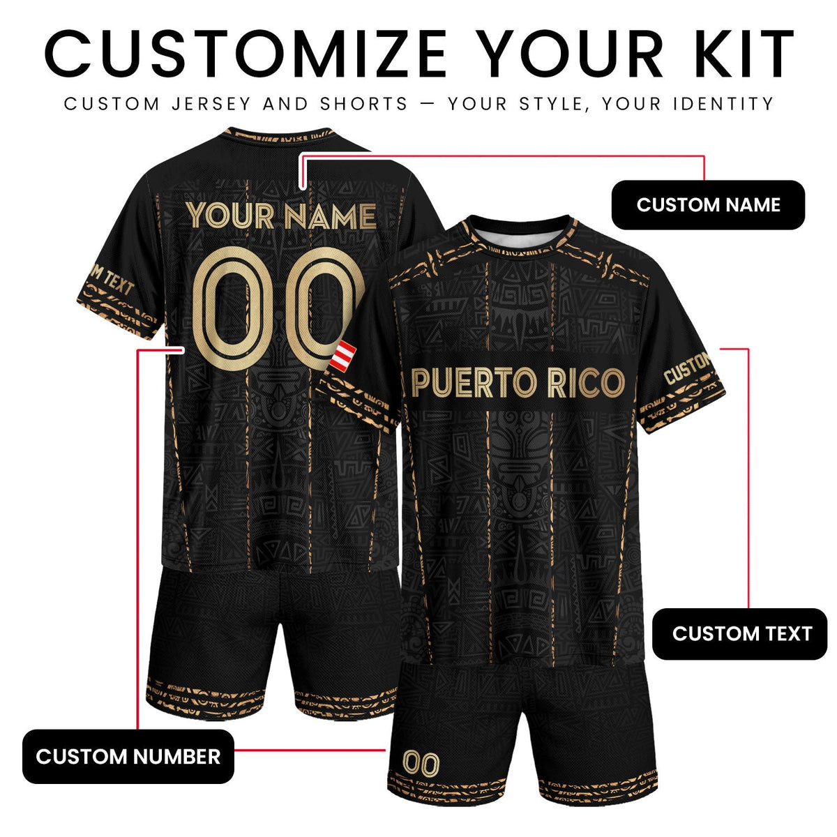 Custom Puerto Rico Soccer Jersey for Men and Women, Black Gold Taino Stripes, Puerto Rico Shirt with Personalized Football Jersey style, Northryn Co.