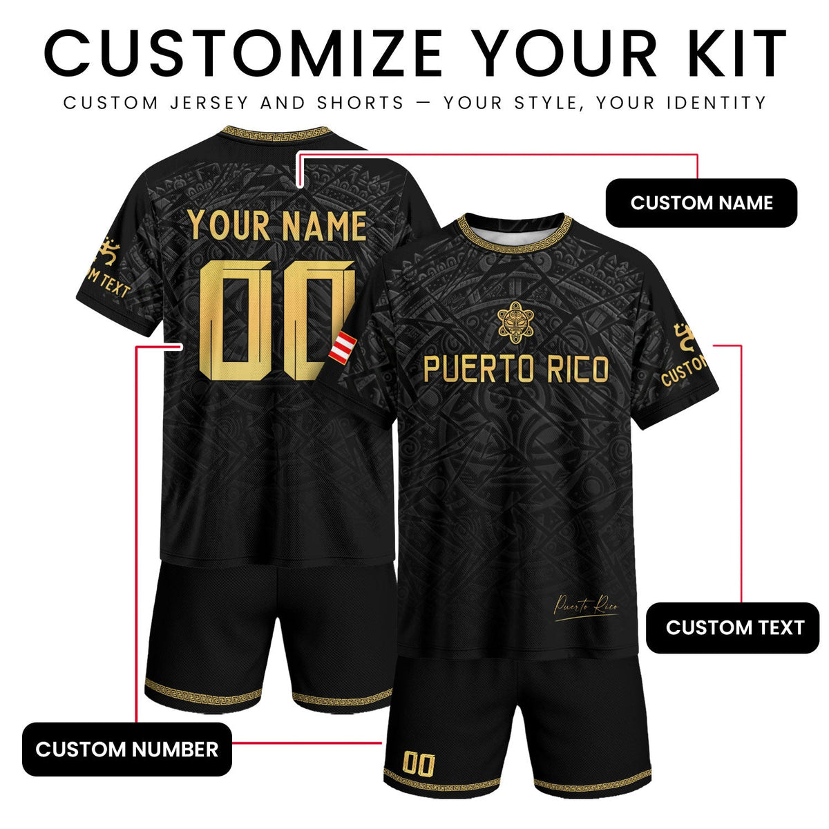 Bold Black Gold Taino, Custom Puerto Rico Soccer Jersey for Men and Women with Symbols, Puerto Rico Shirt, Personalized Football Jersey, Northryn Co.