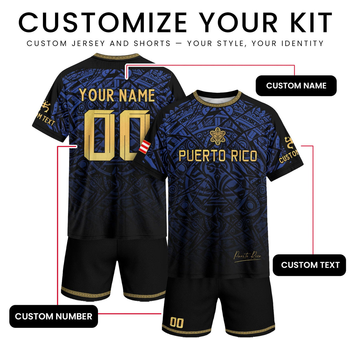 Custom Puerto Rico Soccer Jersey for Men and Women, Royal Gold Taino Sun Pride, Personalized Football Jersey as a Puerto Rico Shirt, Northryn Co.