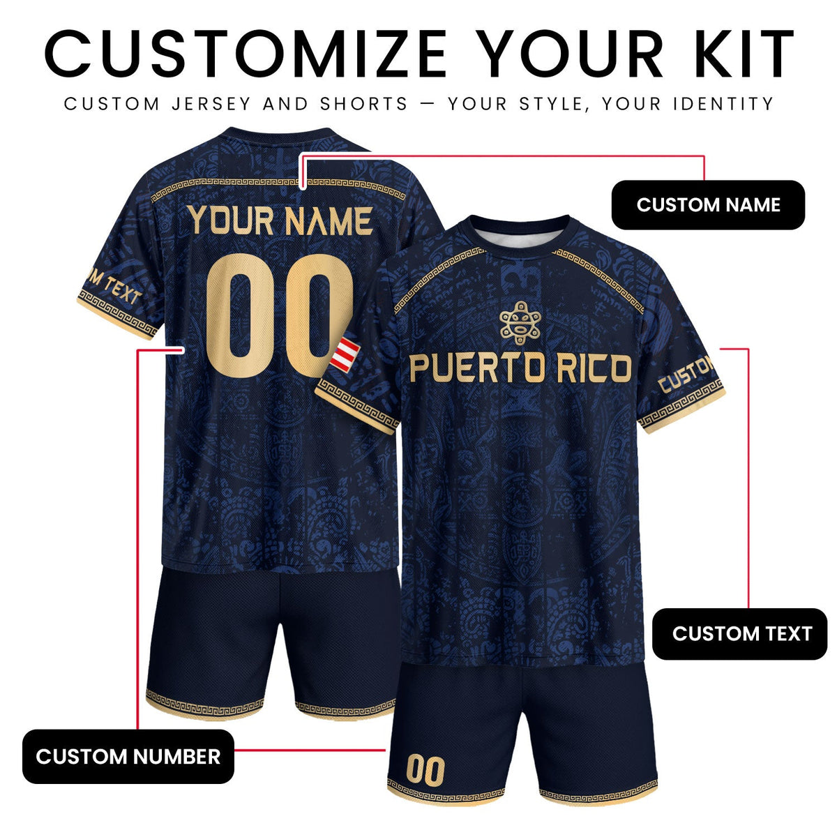 Custom Puerto Rico Soccer Jersey for Men and Women, Navy Taino Gold Pride, Puerto Rico Shirt with Personalized Football Jersey style, Northryn Co.