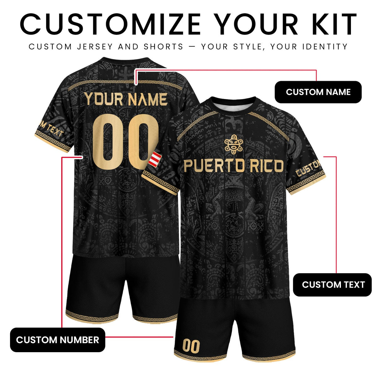 Custom Puerto Rico Soccer Jersey for Men and Women, Black Gold Taino Boricua Pride, Personalized Football Jersey as a Puerto Rico Shirt, Northryn Co.