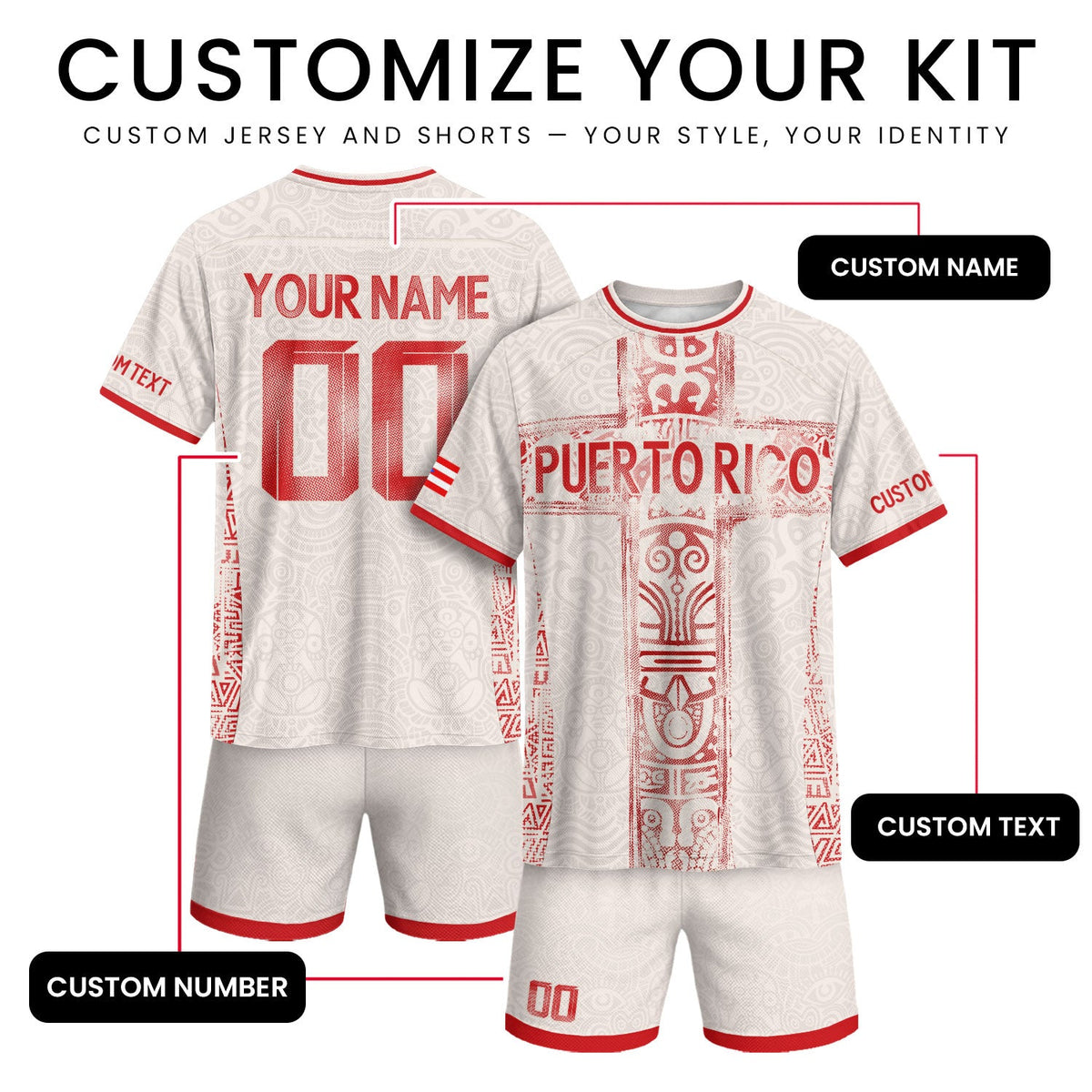 Vibrant Beige Red Outfit Style, Custom Puerto Rico Soccer Jersey for Men and Women, Personalized Football Jersey as a Puerto Rico Shirt, Northryn Co.