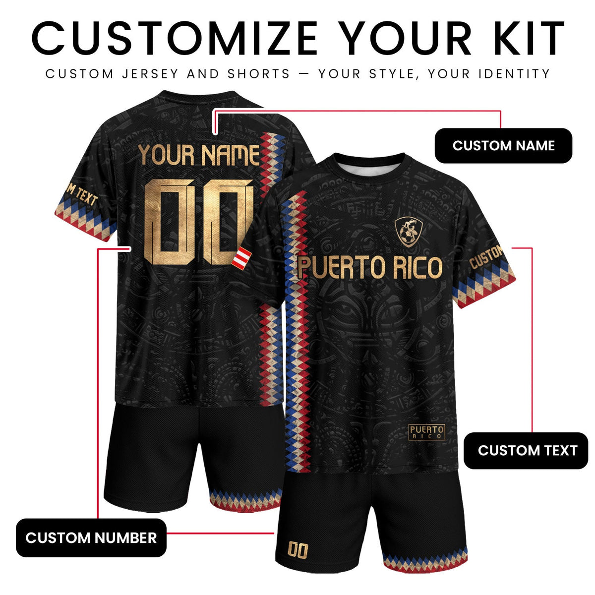 Bold Black Gold Style, Custom Puerto Rico Soccer Jersey for Men and Women, Personalized Football Jersey with Puerto Rico Shirt Appeal, Northryn Co.