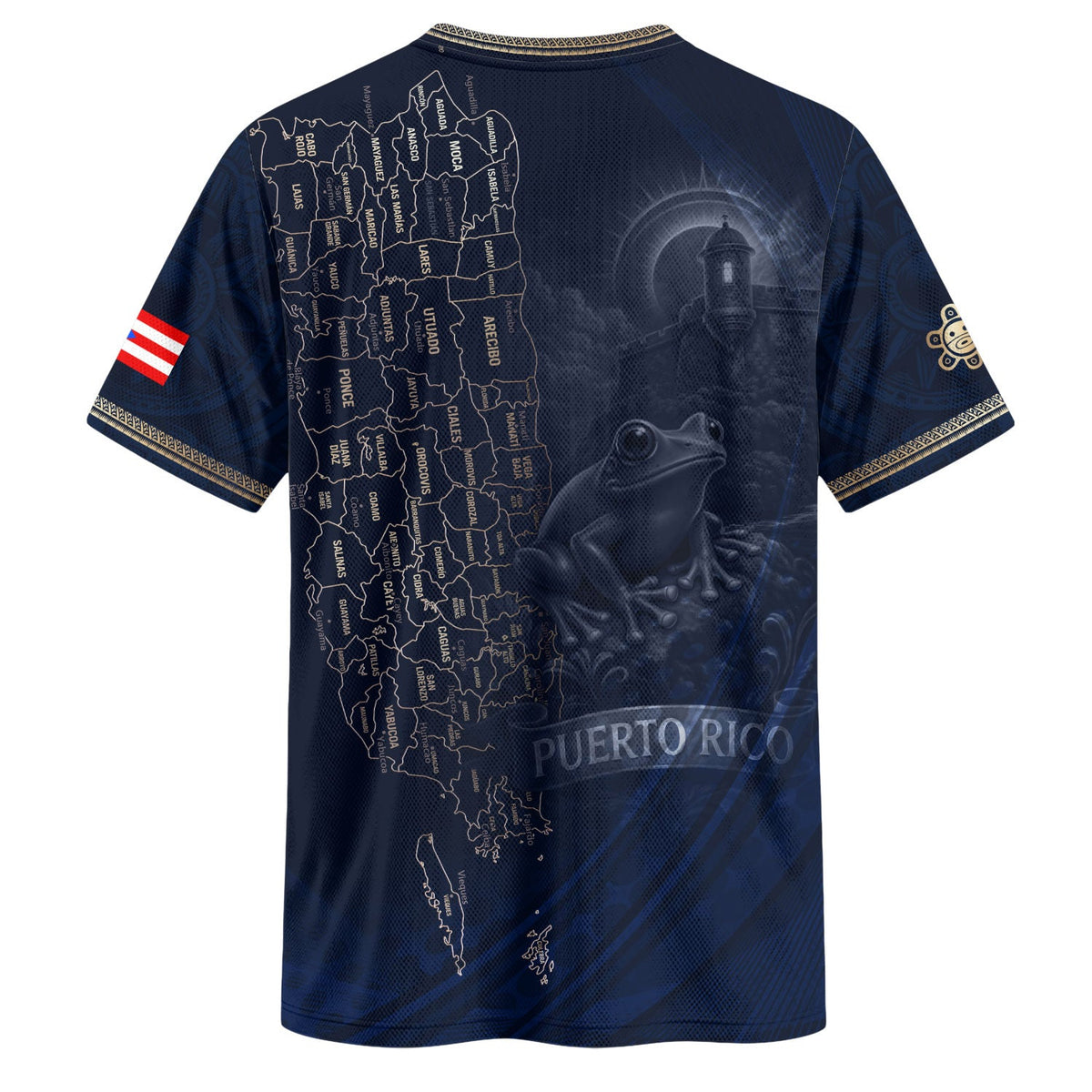 Map Boricua El Morro Puerto Rico Soccer Jersey Gold Navy Heritage, Coqui Frog Puerto Rico Jersey for Men and Women, Puerto Rico Shirt, Northryn Co.