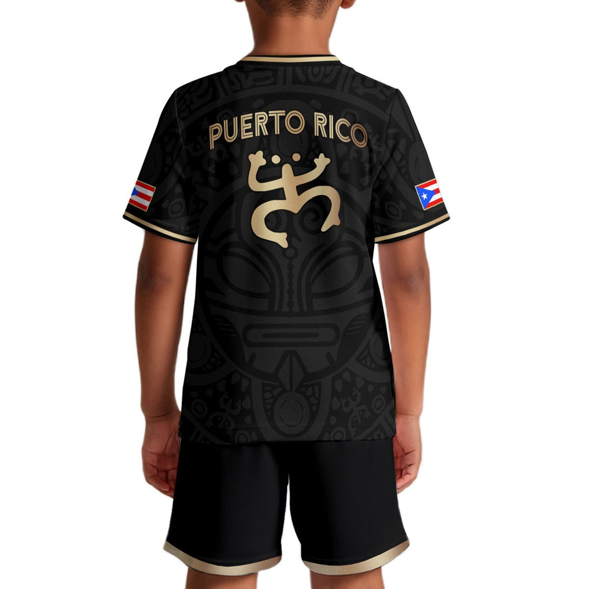 Kids Puerto Rico Soccer Jersey, Black Gold Boricua Taino Mask for Boy and Girl, Youth Soccer Jersey Meets Puerto Rico Kids Soccer Jersey, Northryn Co.