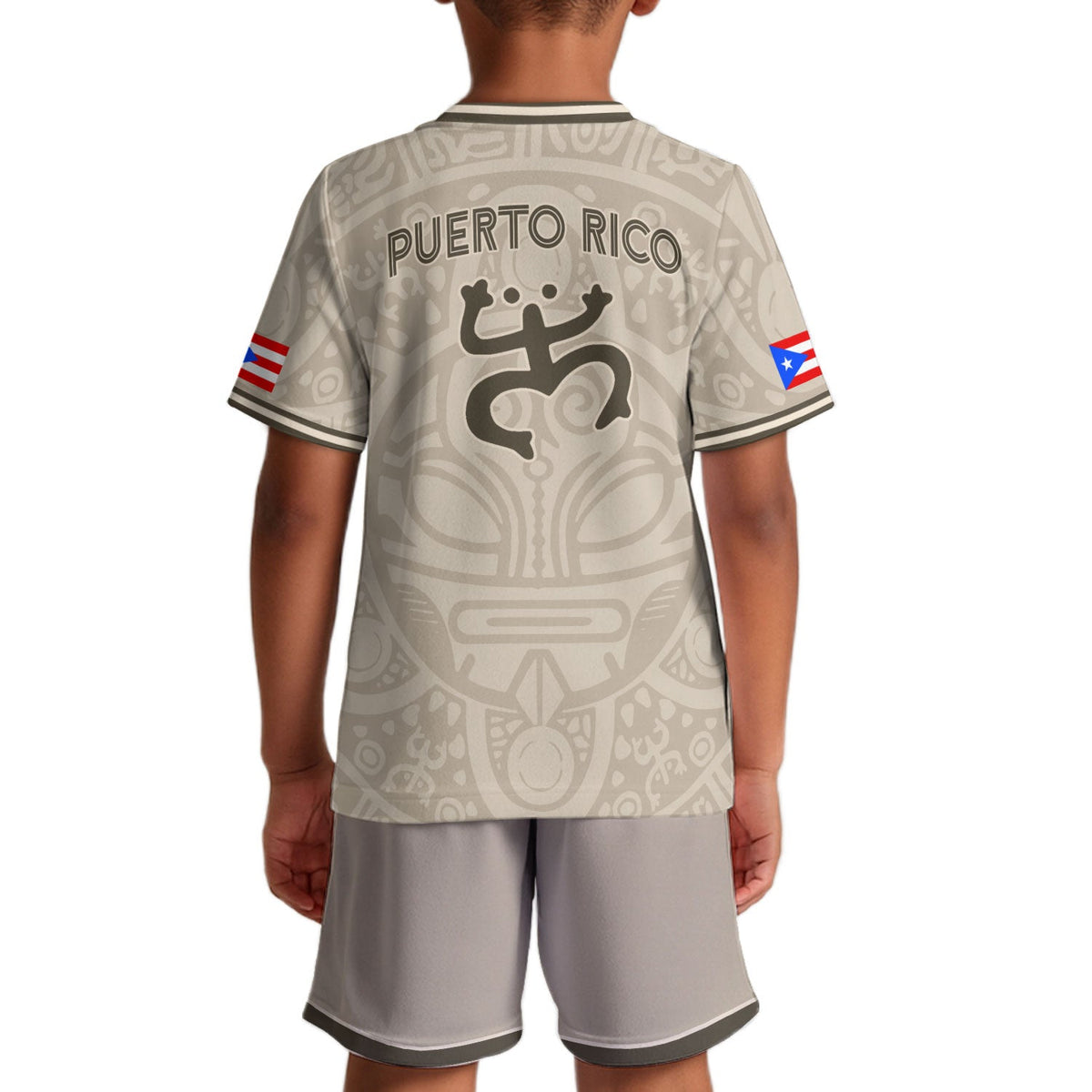 Kids Puerto Rico Soccer Jersey for Boy and Girl, Beige Gold Boricua Taino Mask, Youth Soccer Jersey Meets Puerto Rico Kids Soccer Jersey, Northryn Co.