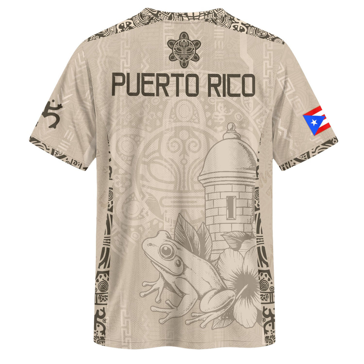 Puerto Rico Soccer Jersey for Men and Women, Beige Gold Coqui Frog Floral Garita Taino Sun, Top Puerto Rico Jersey and Puerto Rico Shirt, Northryn Co.