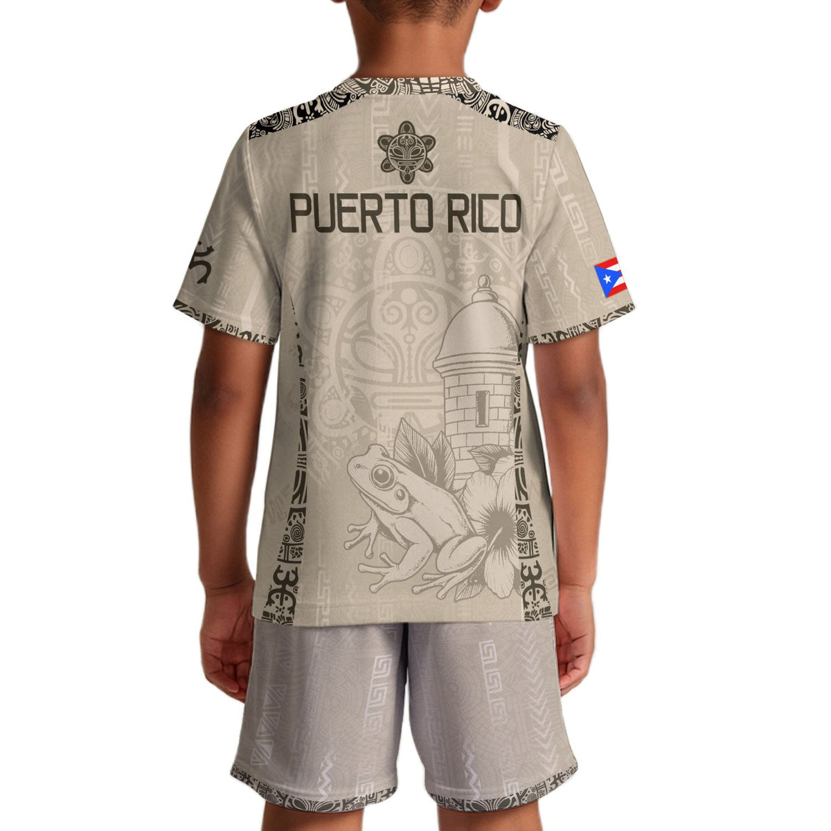 Kids Puerto Rico Soccer Jersey, Beige Gold Coqui Frog Floral for Boy and Girl, Youth Soccer Jersey Meets Puerto Rico Kids Soccer Jersey, Northryn Co.