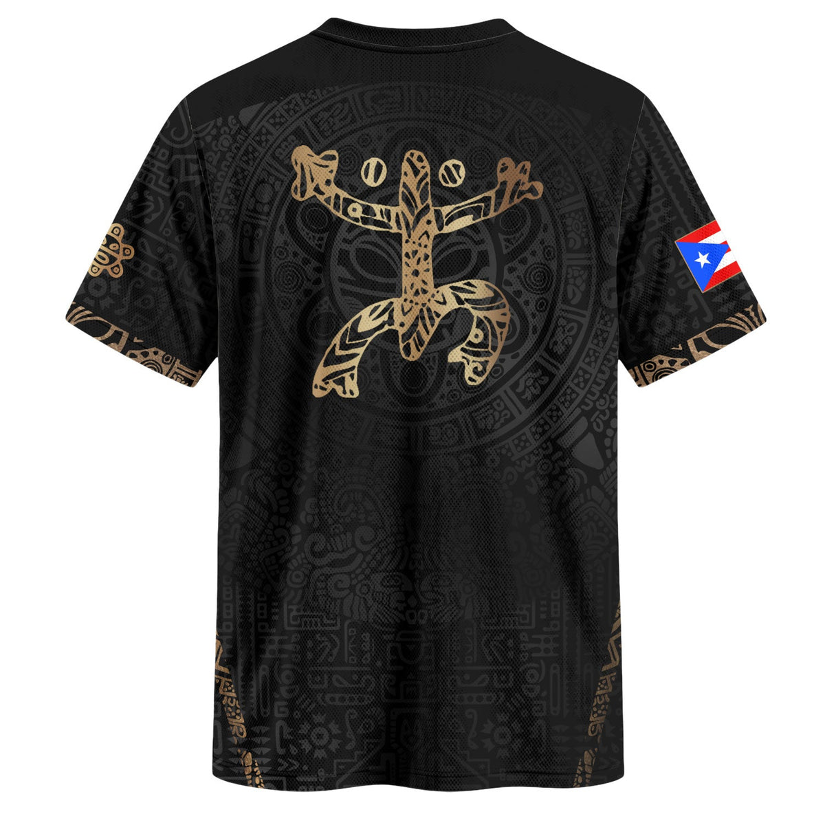 Puerto Rico Soccer Jersey in Black Gold for Men and Women, - Coquí Frog & Taino Sun - V-Shape, Puerto Rico Shirt and Puerto Rico Jersey, Northryn Co.