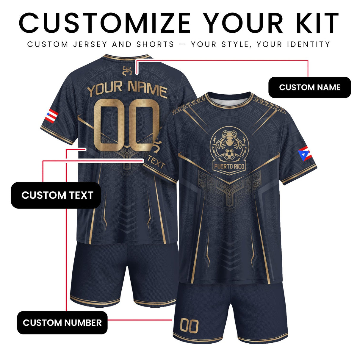 Elegant Navy Gold Coqui, Custom Puerto Rico Soccer Jersey for Men and Women with Taino, Personalized Football Jersey, Puerto Rico Shirt, Northryn Co.