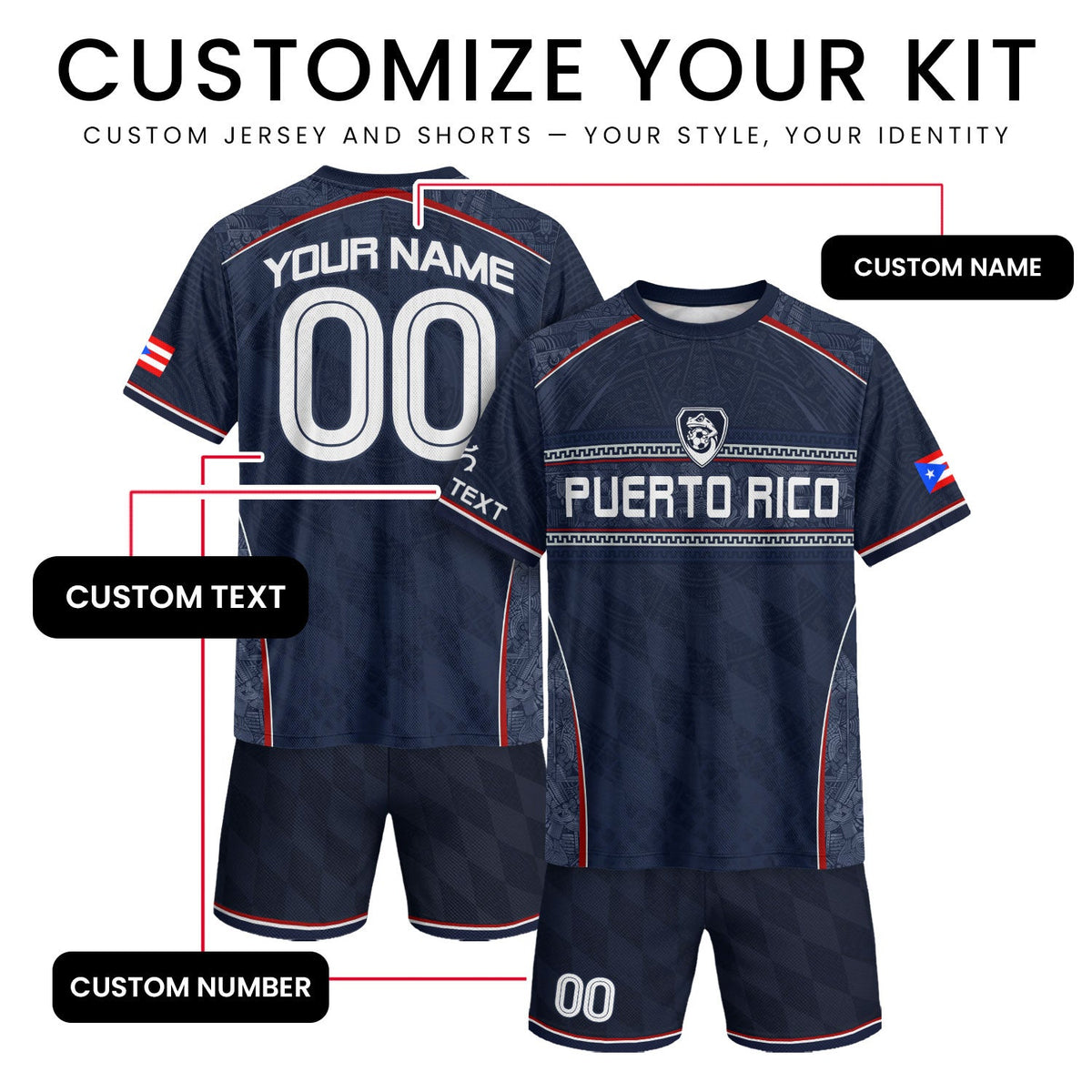 Custom Puerto Rico Soccer Jersey for Men and Women, Navy Blue Taino Flag Style, Personalized Football Jersey as a Puerto Rico Shirt, Northryn Co.