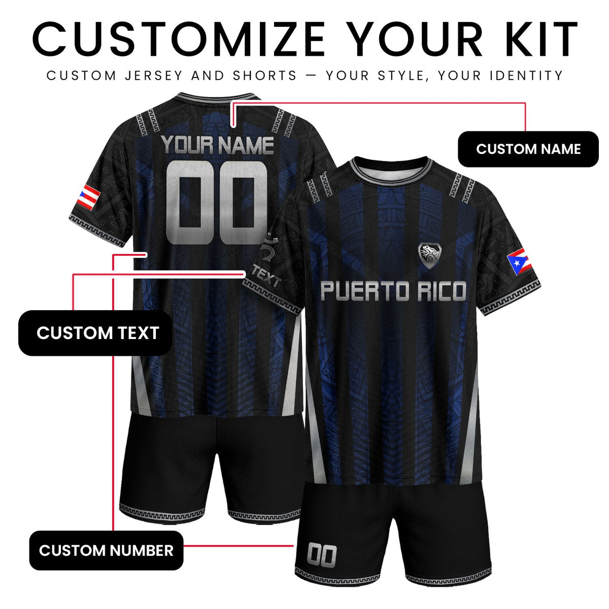Sleek Navy Silver Tribal, Custom Puerto Rico Soccer Jersey for Men and Women with Taino, Personalized Football Jersey, Puerto Rico Shirt, Northryn Co.