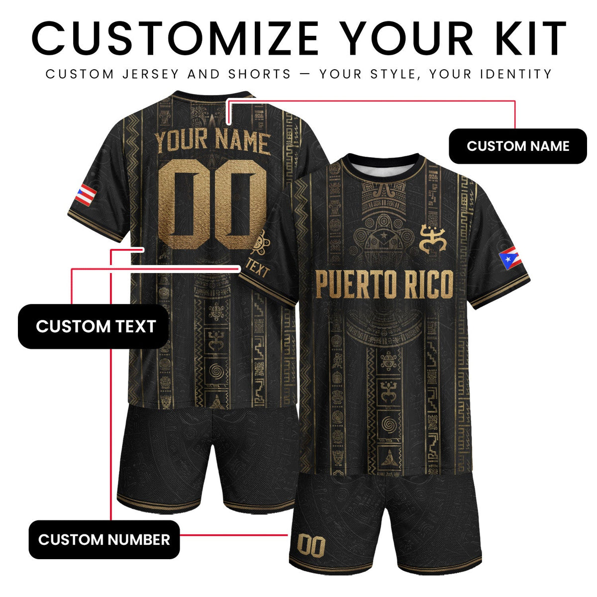 Custom Puerto Rico Soccer Jersey, Black Gold Taino Petroglyph, Puerto Rico Shirt for Men and Women as a Personalized Football Jersey, Northryn Co.