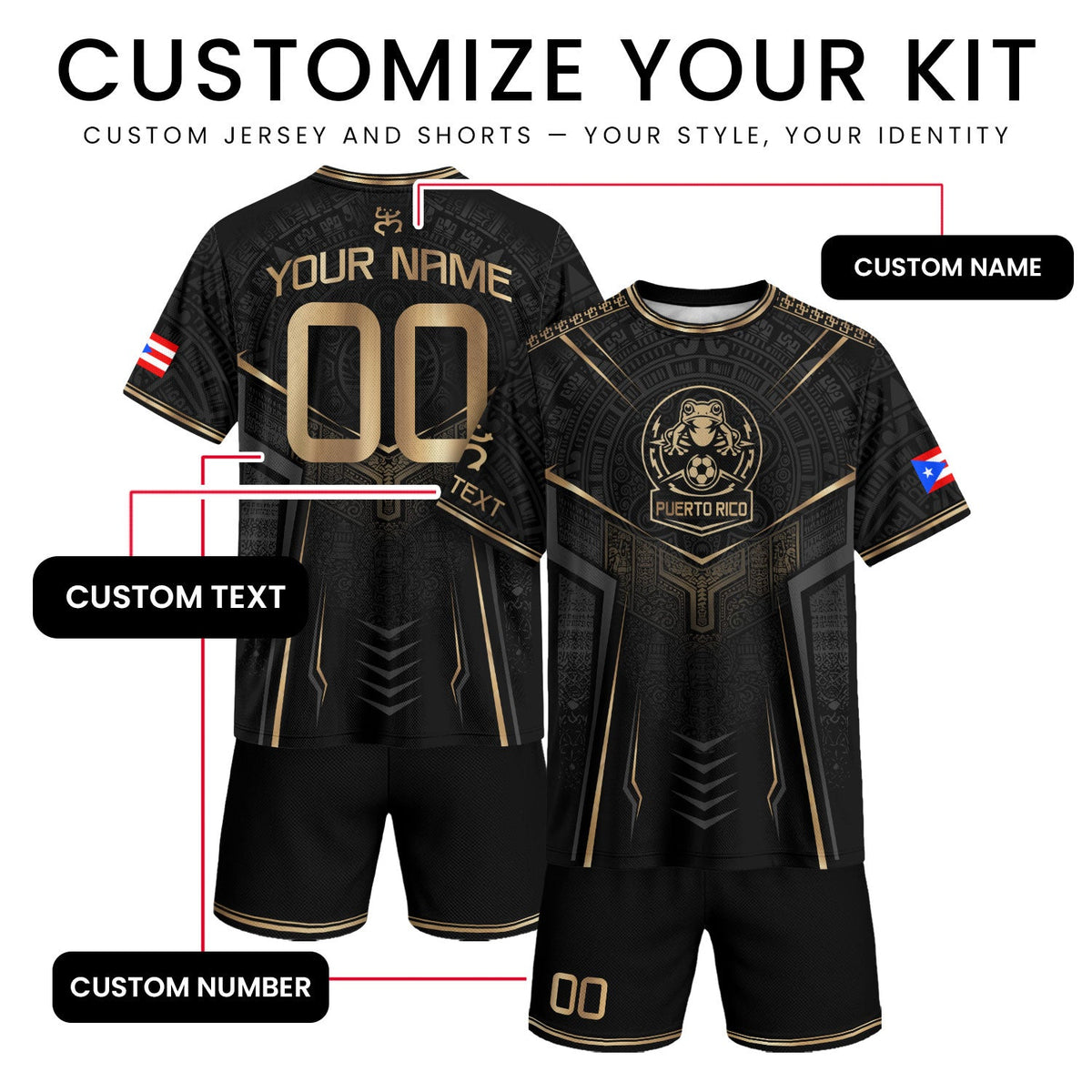 Bold Black Gold Coqui, Custom Puerto Rico Soccer Jersey for Men and Women with Taino, Personalized Football Jersey, Puerto Rico Shirt, Northryn Co.