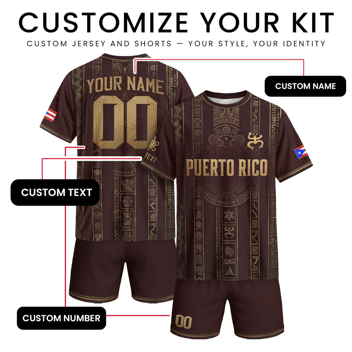 Custom Puerto Rico Soccer Jersey for Men and Women, Maroon Gold Taino Petroglyph, Personalized Football Jersey as a Puerto Rico Shirt, Northryn Co.