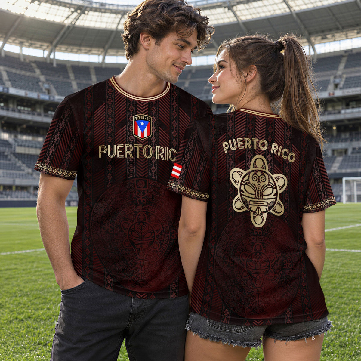 Flag Maroon Gold Puerto Rico Soccer Jersey for Men and Women, Tribal Print National Sport, Top Puerto Rico Shirt and Puerto Rico Jersey, Northryn Co.