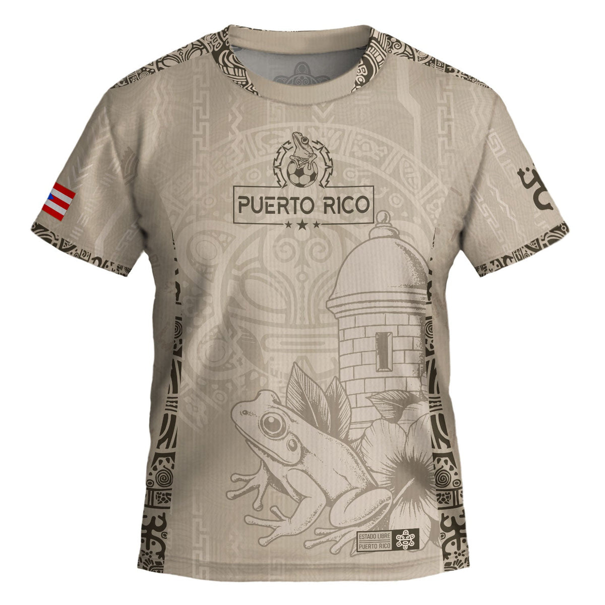 Kids Puerto Rico Soccer Jersey, Beige Gold Coqui Frog Floral for Boy and Girl, Youth Soccer Jersey Meets Puerto Rico Kids Soccer Jersey, Northryn Co.