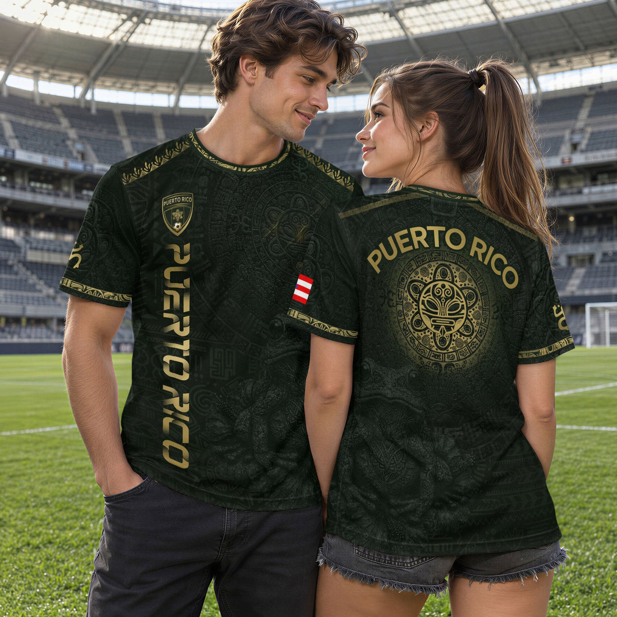 Puerto Rico Soccer Jersey in Green Gold for Men and Women, Coqui Frog Taino Sun Heritage, Top Puerto Rico Shirt and Puerto Rico Jersey, Northryn Co.