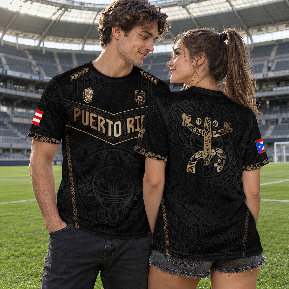 Puerto Rico Soccer Jersey in Black Gold for Men and Women, - Coquí Frog & Taino Sun - V-Shape, Puerto Rico Shirt and Puerto Rico Jersey, Northryn Co.