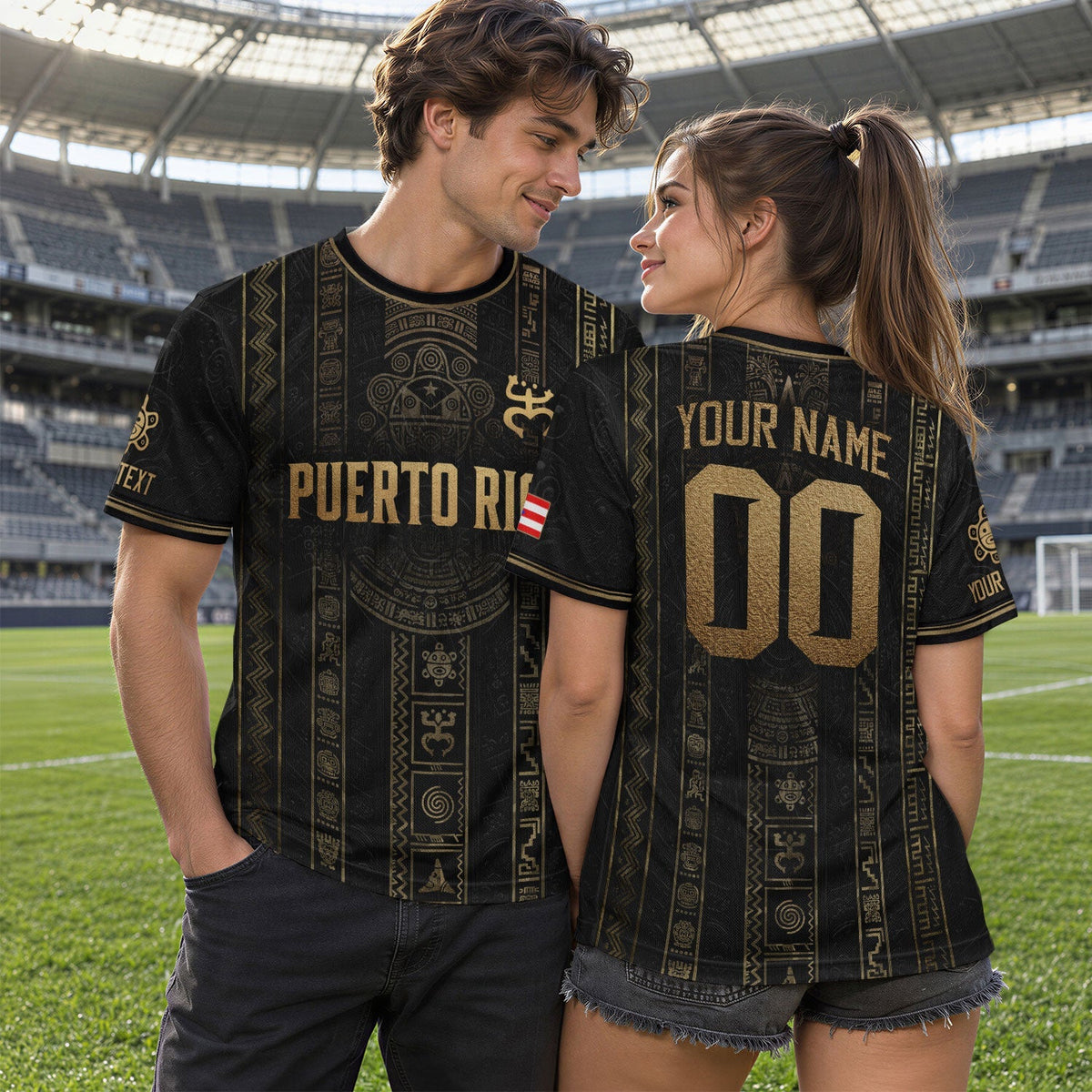 Custom Puerto Rico Soccer Jersey, Black Gold Taino Petroglyph, Puerto Rico Shirt for Men and Women as a Personalized Football Jersey, Northryn Co.