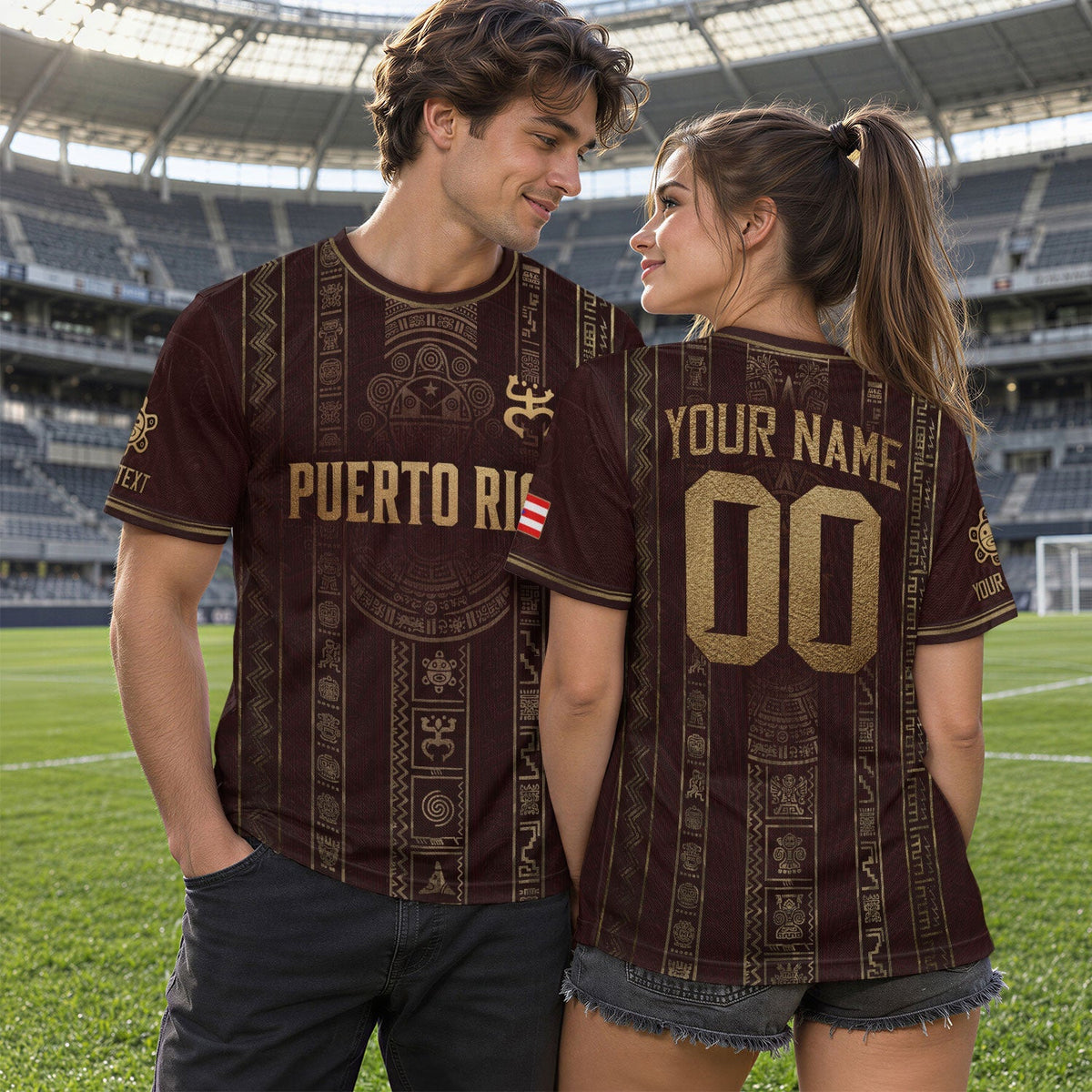 Custom Puerto Rico Soccer Jersey for Men and Women, Maroon Gold Taino Petroglyph, Personalized Football Jersey as a Puerto Rico Shirt, Northryn Co.