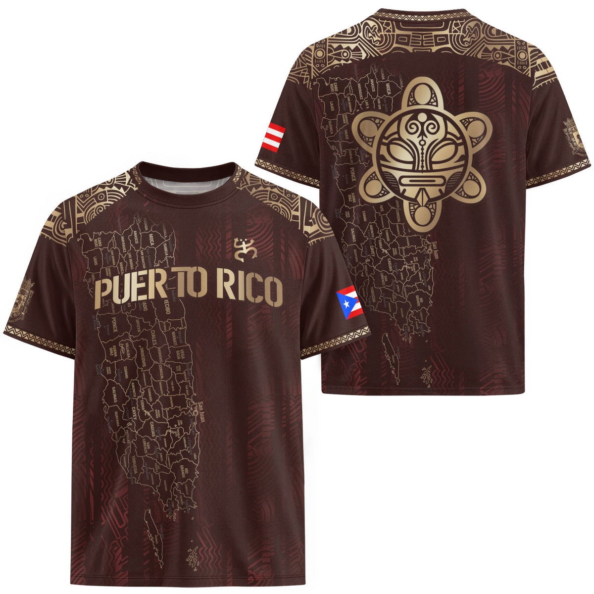 Puerto Rico Map Graphic Soccer Jersey Men Maroon Gold Boricua Taino Heritage Shirt