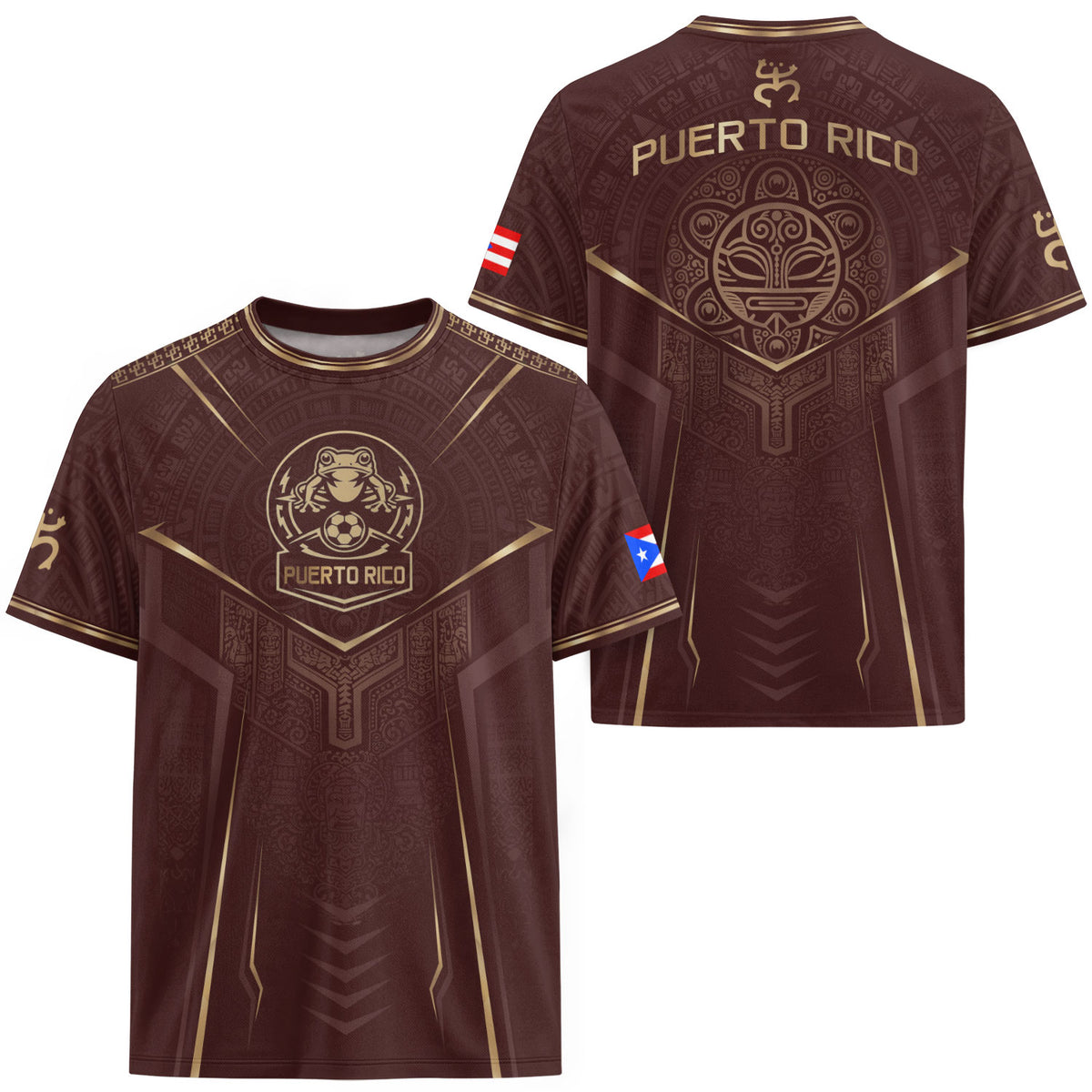 Puerto Rico Soccer Jersey Men Maroon Brown Taino Pattern Coqui Frog Heritage Graphic