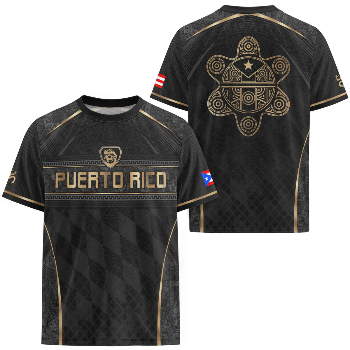 Puerto Rico Soccer Jersey Men Black Gold Taino Coqui Frog Culture Heritage Graphic