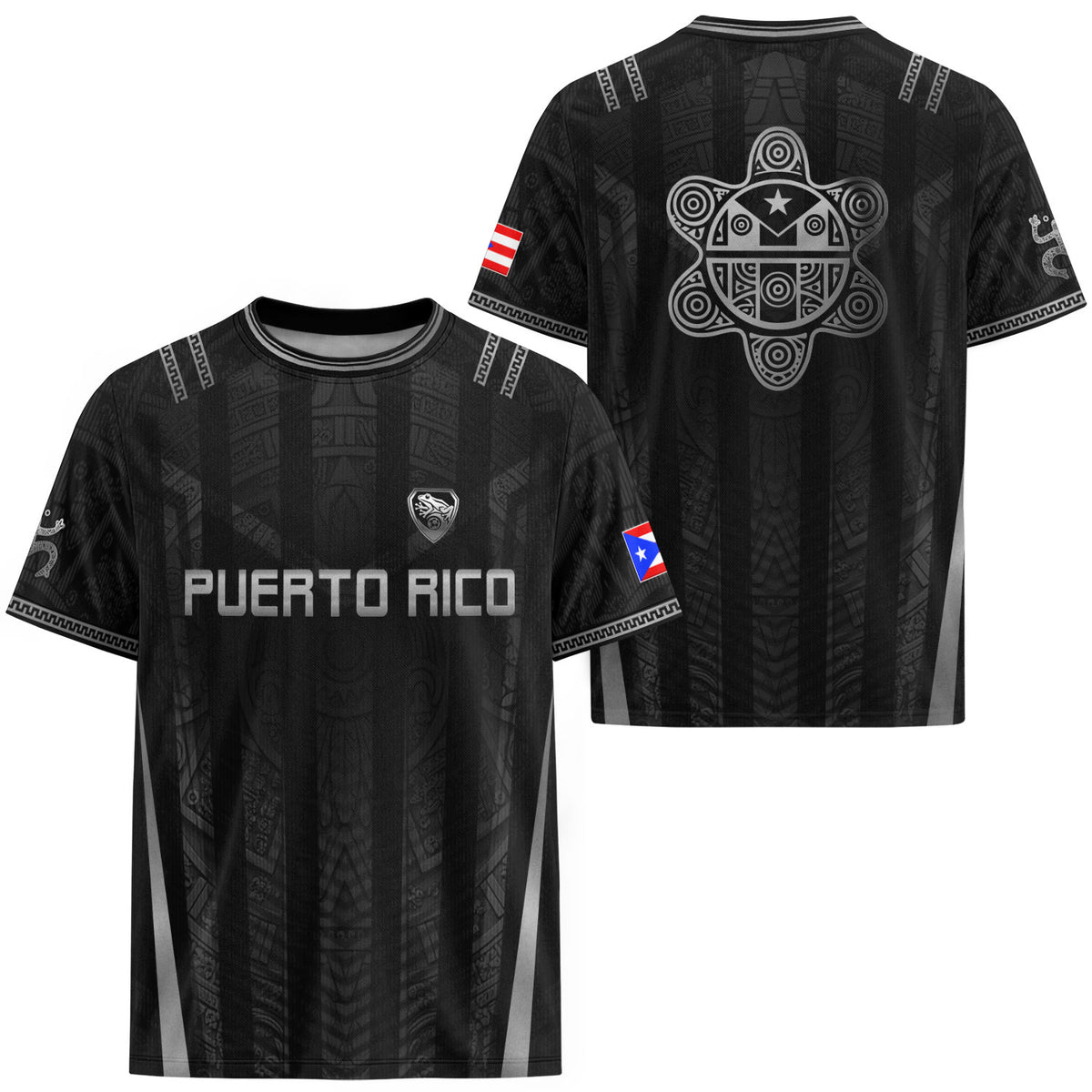 Puerto Rico Soccer Jersey Men Black Tribal Taino Pattern Coqui Frog Graphic