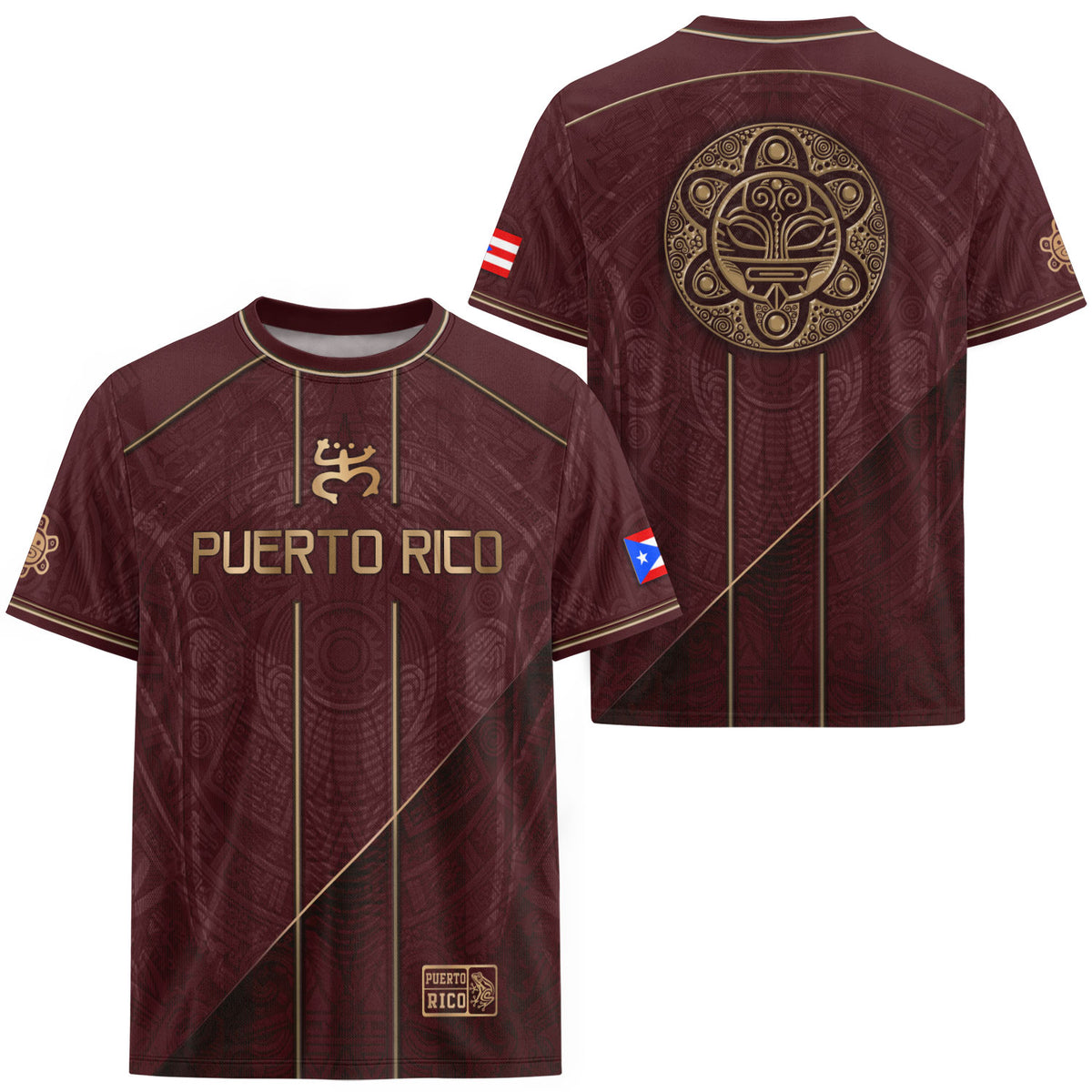 Puerto Rico Soccer Jersey Men Maroon Gold Taino Sun Frog Culture Heritage Shirt