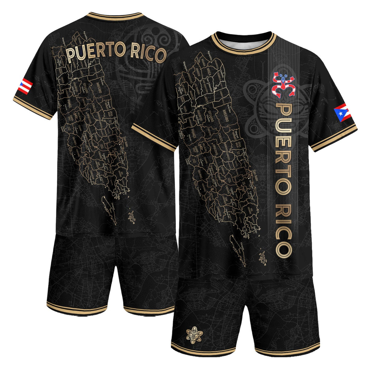 Puerto Rico Soccer Jersey in Black Gold for Men and Women, Taino Tribal Map Symbols National, Puerto Rico Shirt and Puerto Rico Jersey, Northryn Co.