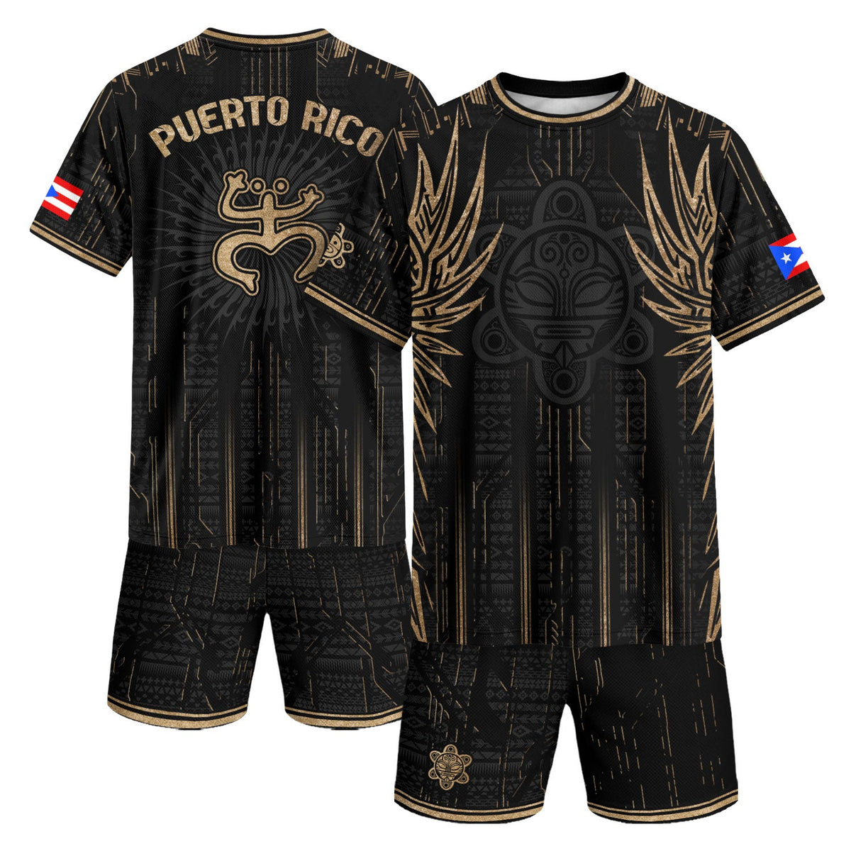 Puerto Rico Soccer Jersey in Black Gold for Men and Women, Tribal Warrior National Heritage, Puerto Rico Shirt and Puerto Rico Jersey, Northryn Co.