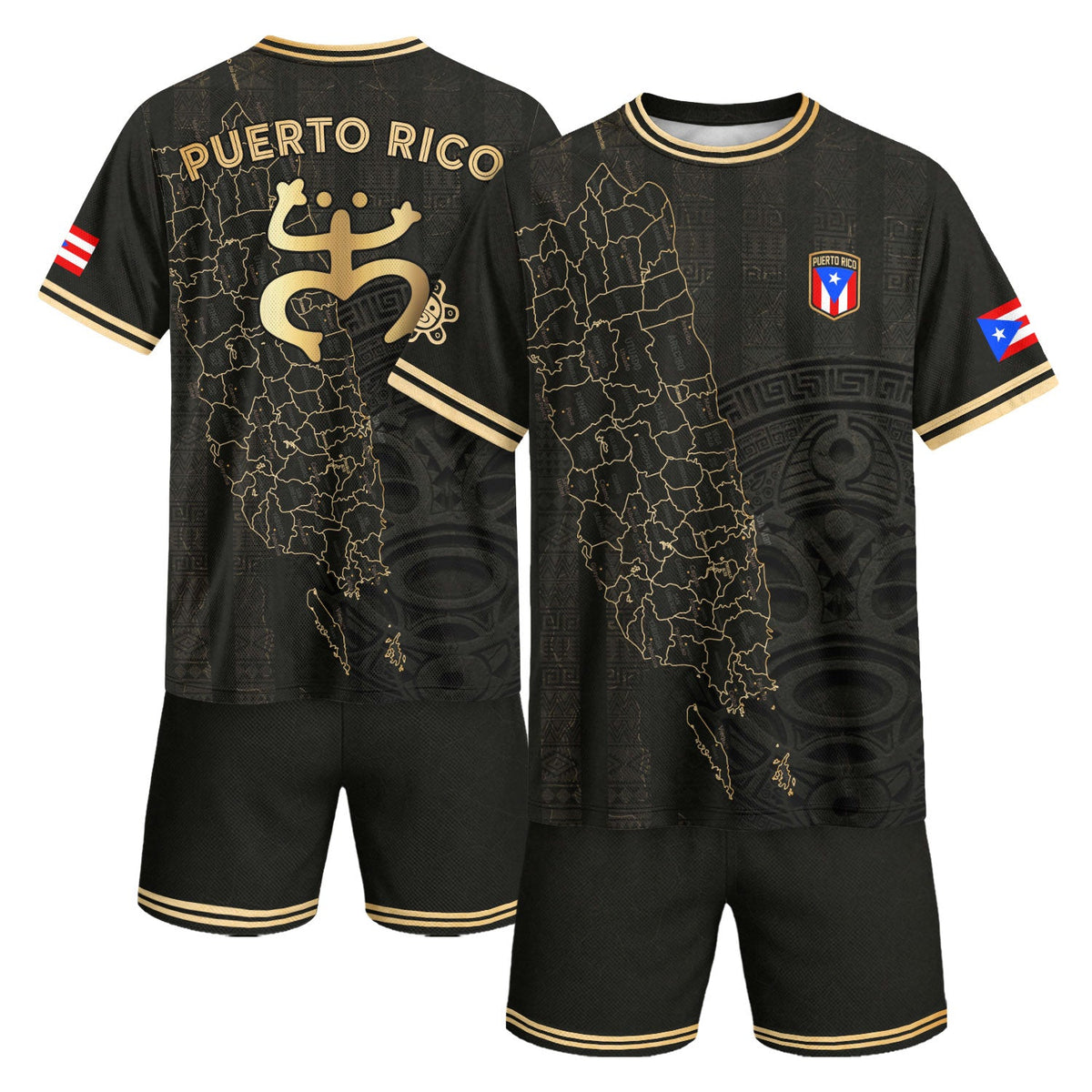 Taino Sun Black Gold Puerto Rico Soccer Jersey for Men and Women, Island Map National Heritage, Puerto Rico Jersey and Puerto Rico Shirt, Northryn Co.