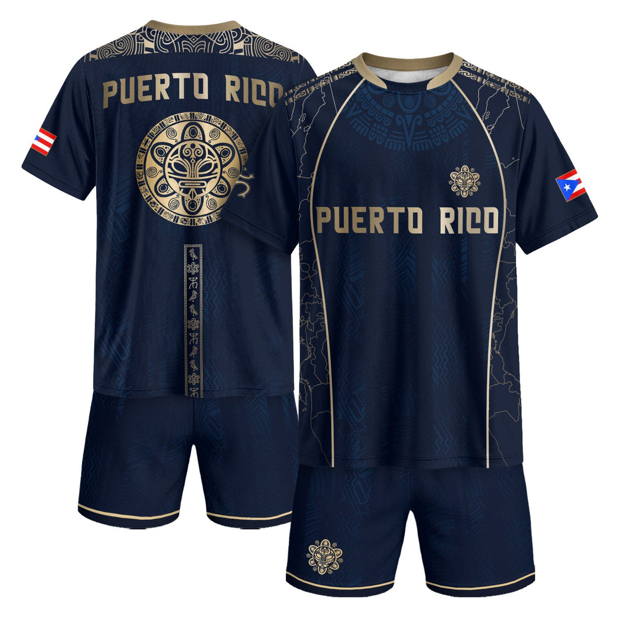 Puerto Rico Soccer Jersey in Navy Gold for Men and Women, Outline Map Taino Sun National Heritage, Puerto Rico Shirt, Puerto Rico Jersey, Northryn Co.