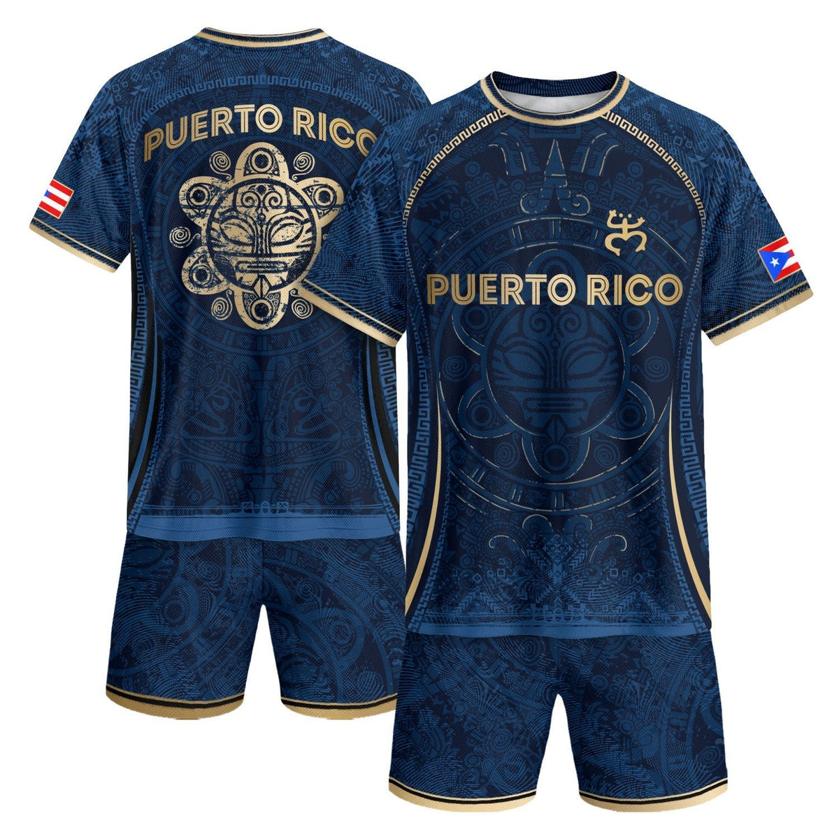 Puerto Rico Soccer Jersey in Blue Gold for Men and Women, Taino Sun National Heritage Boricua, Puerto Rico Shirt and Puerto Rico Jersey, Northryn Co.