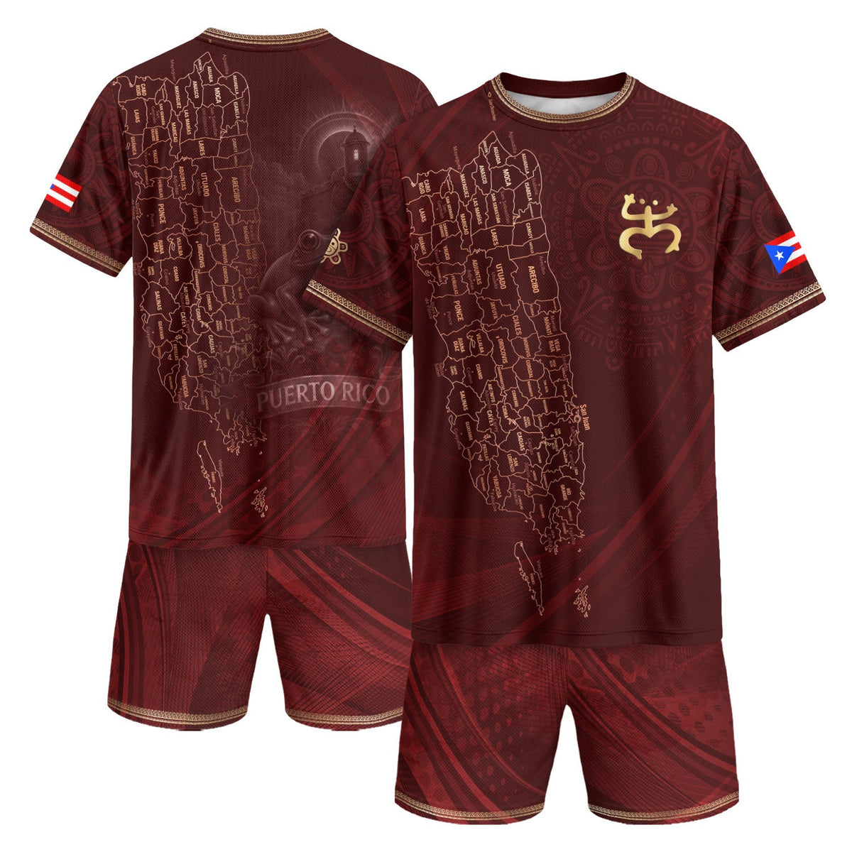 Puerto Rico Soccer Jersey with Map Coqui for Men and Women, Frog El Morro Gold Maroon National, Puerto Rico Shirt and Puerto Rico Jersey, Northryn Co.