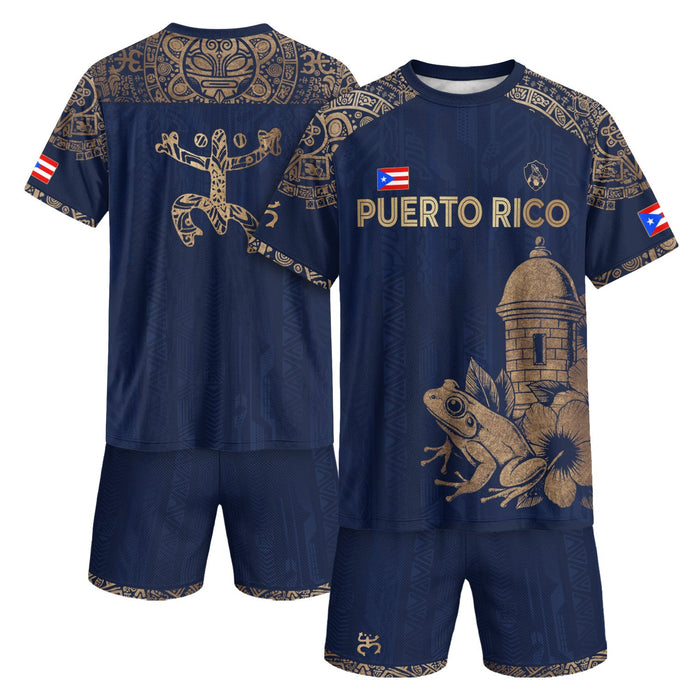 Puerto Rico Soccer Jersey in Navy Gold for Men and Women, Coqui Frog Garita Flower National, Puerto Rico Jersey and Puerto Rico Shirt, Northryn Co.