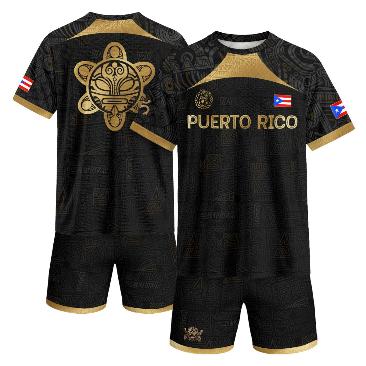 Puerto Rico Soccer Jersey in Black Gold for Men and Women, Tribal Graphic Taino Sun National, Puerto Rico Shirt and Puerto Rico Jersey, Northryn Co.