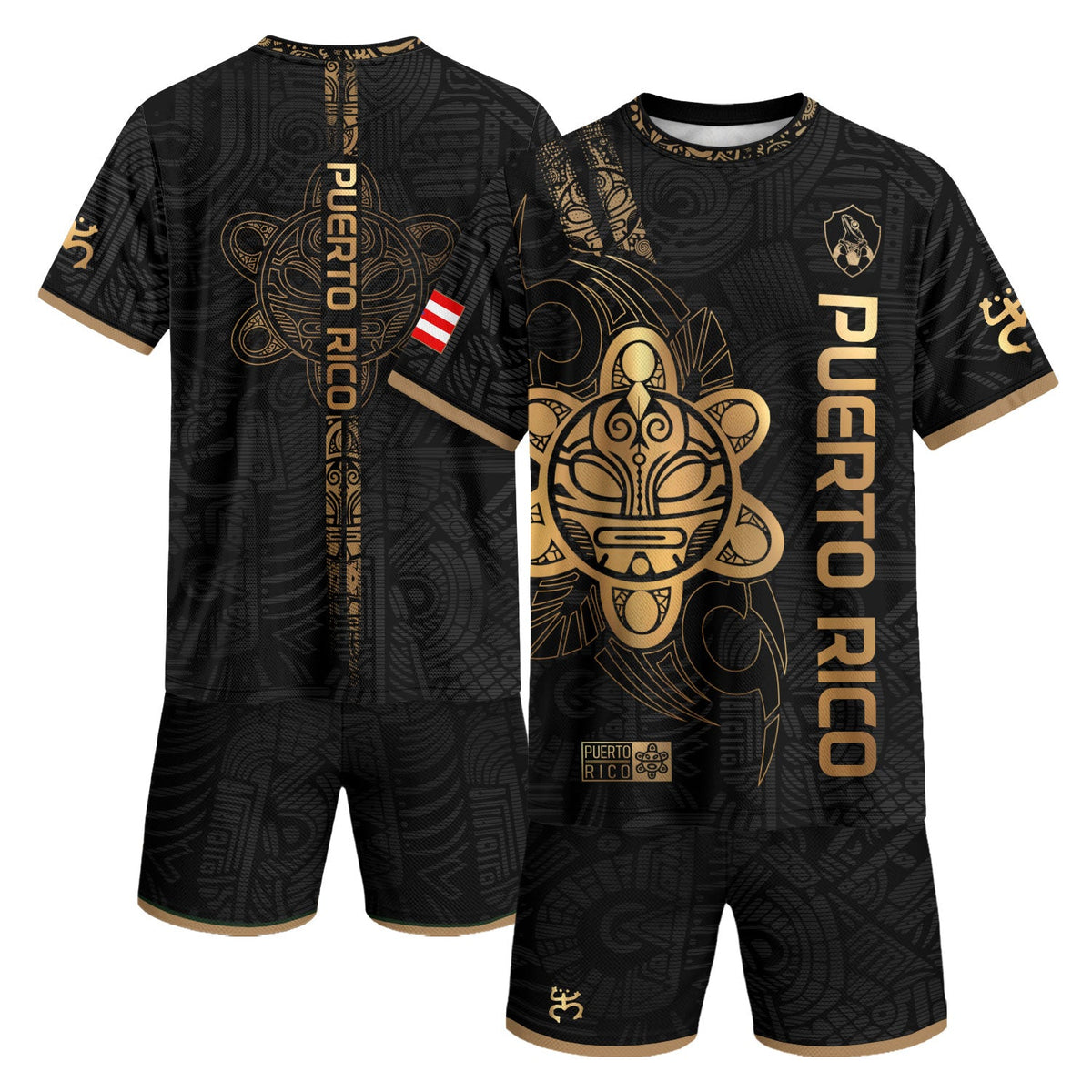 Puerto Rico Soccer Jersey in Black Gold for Men and Women, Side Taino Sun National Heritage, Puerto Rico Shirt and Puerto Rico Jersey, Northryn Co.