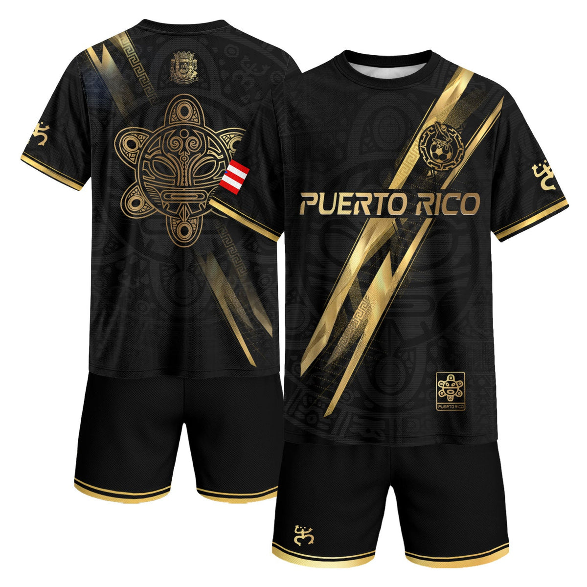 Taino Sun Black Gold Puerto Rico Soccer Jersey for Men and Women, Lightning Graphic National, Puerto Rico Shirt and Puerto Rico Jersey, Northryn Co.