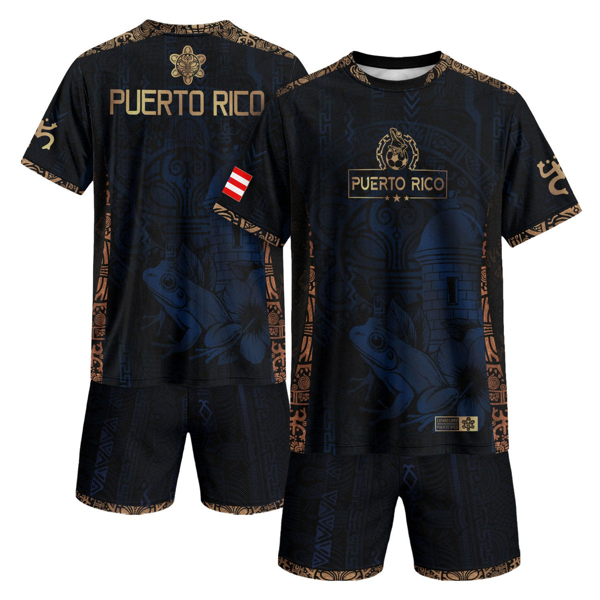 Puerto Rico Soccer Jersey in Navy Gold for Men and Women, Taino Sun National Heritage Floral, Puerto Rico Jersey and Puerto Rico Shirt, Northryn Co.