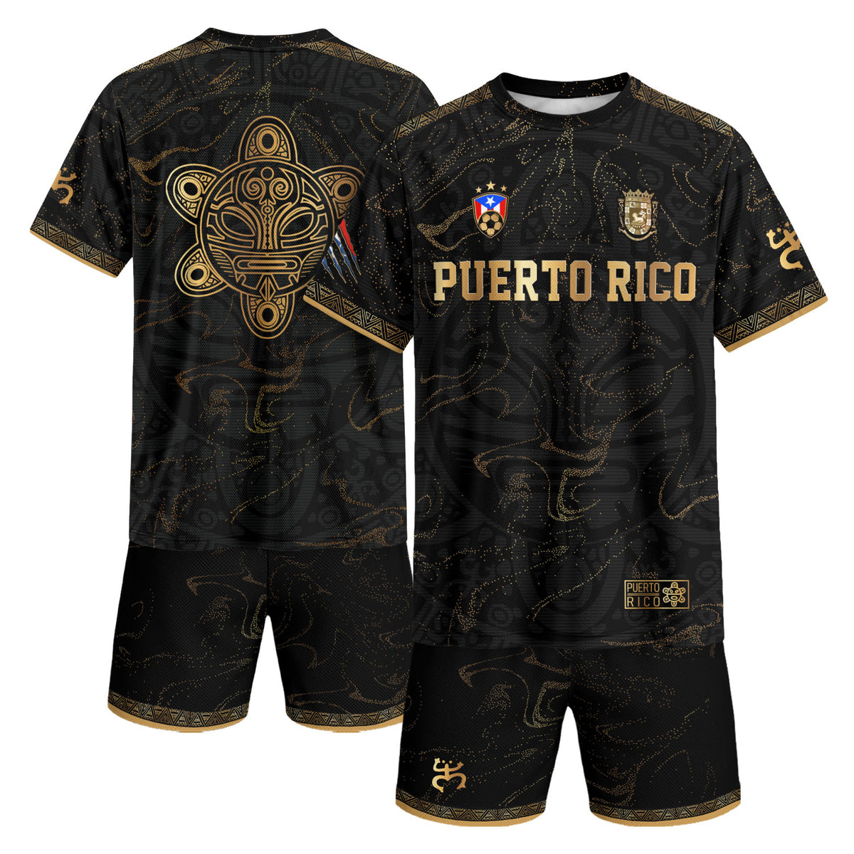 Taino Sun Black Gold Puerto Rico Soccer Jersey for Men and Women, Abstract National Heritage, Puerto Rico Shirt and Puerto Rico Jersey, Northryn Co.