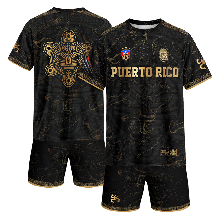 Taino Sun Black Gold Puerto Rico Soccer Jersey for Men and Women, Abstract National Heritage, Puerto Rico Shirt and Puerto Rico Jersey, Northryn Co.