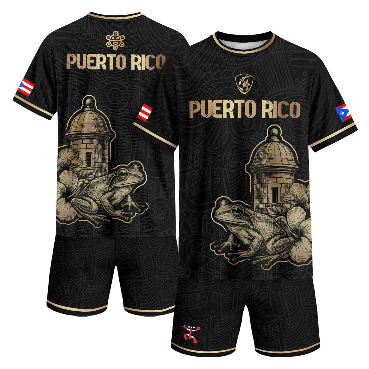 Puerto Rico Soccer Jersey in Black Gold for Men and Women, El Morro Coqui Frog Hibiscus, Top Puerto Rico Jersey and Puerto Rico Shirt, Northryn Co.