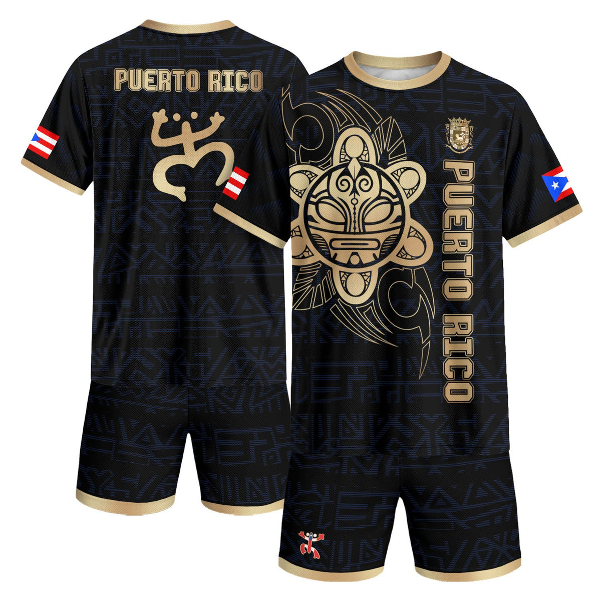 Taino Sun Black Navy Puerto Rico Soccer Jersey for Men and Women, Gold God Island Tribal Pattern, Puerto Rico Shirt, Puerto Rico Jersey, Northryn Co.
