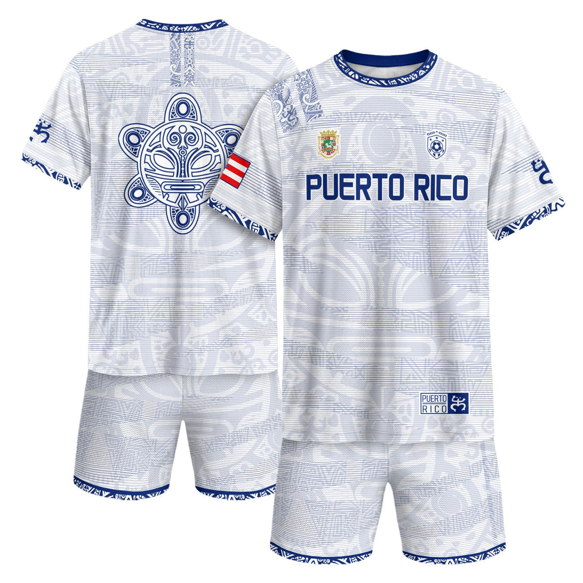 Puerto Rico Soccer Jersey in White Blue for Men and Women, Taino Tribal Pattern National Heritage, Puerto Rico Jersey, Puerto Rico Shirt, Northryn Co.